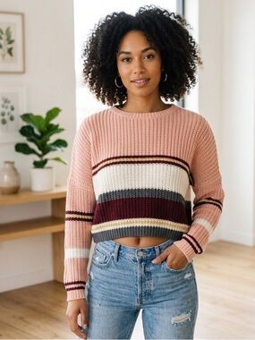 Taylor & Sage Striped Cropped Crewneck Sweater, Women’s Size XS Peach Pink